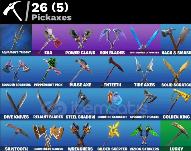 F1304 Gold Midas, Blue Squire, S2 Knight, Deadpool, Aquaman, Kit, 26 Skins & 26 Pickaxes (G)